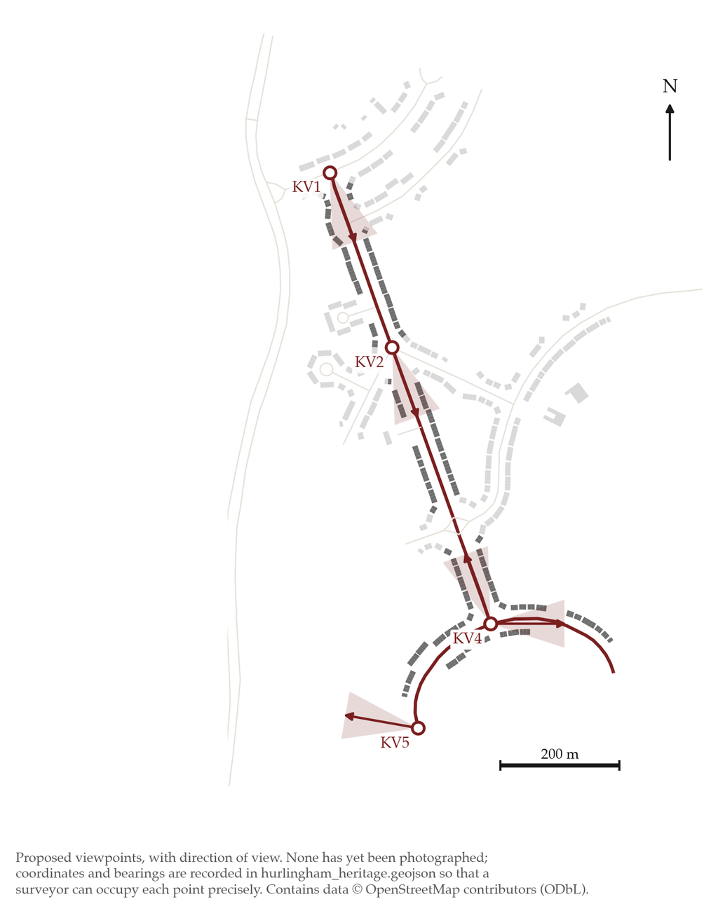 Map of Hurlingham Road and Danesbury Crescent marking five proposed viewpoints, KV1 to KV5, with the direction of each view.