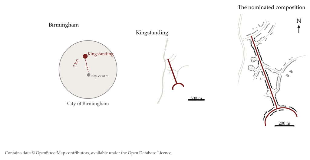 Three location maps: Kingstanding within the City of Birmingham, the estate, and the Hurlingham Road and Danesbury Crescent composition.