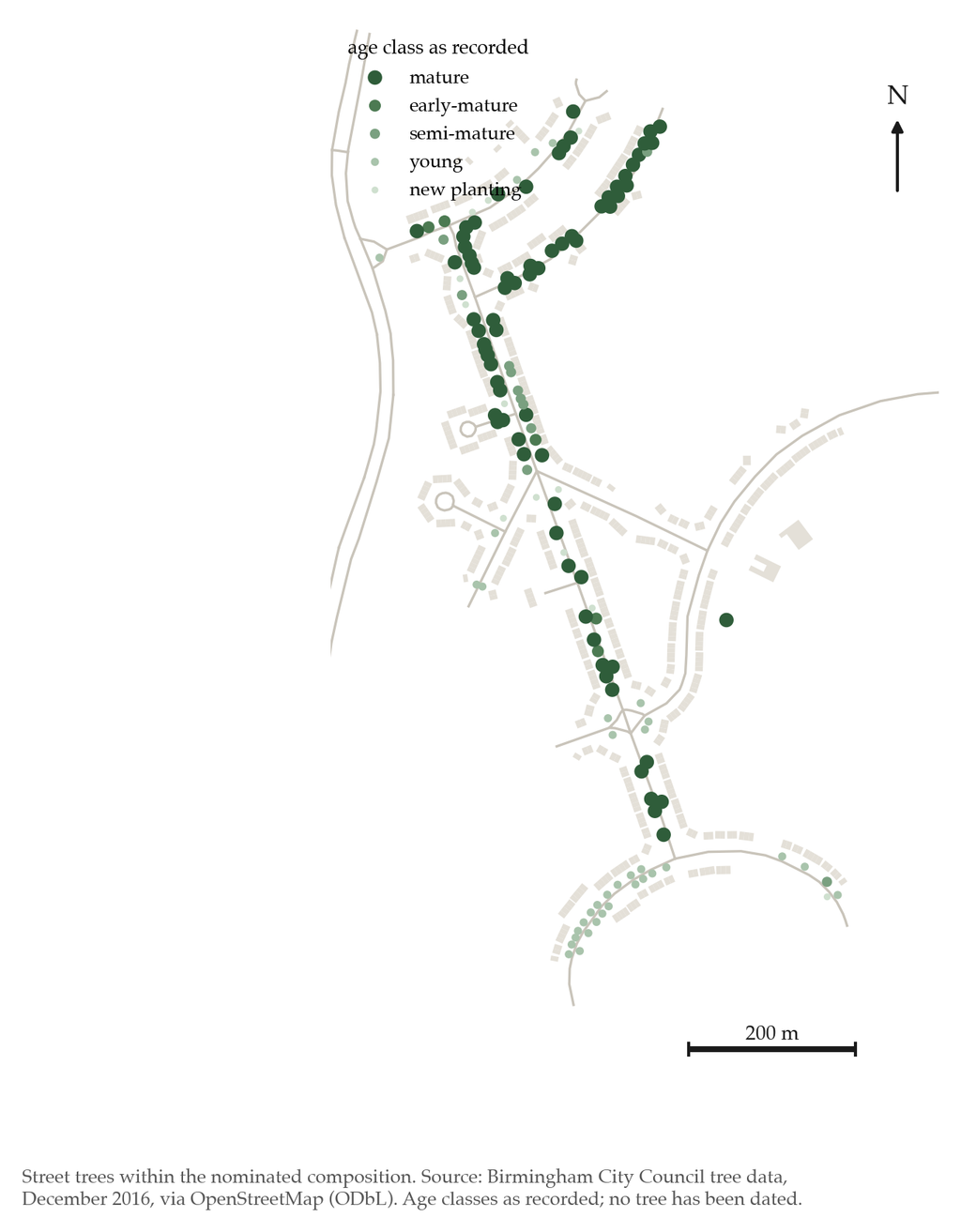 Map of Hurlingham Road and Danesbury Crescent with each street tree marked as a green dot shaded by recorded age class.
