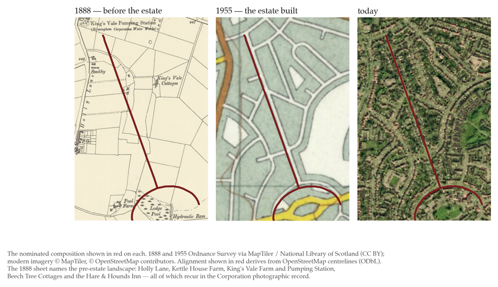 Three maps of the same area side by side: fields and farms in 1888, the estate built by 1955, and aerial imagery today, with the line of Hurlingham Road in red.