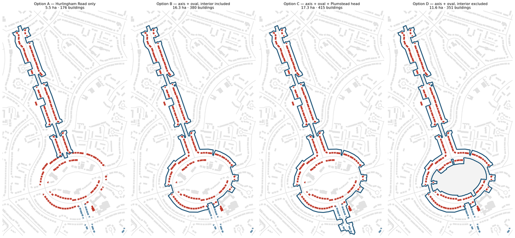 Four maps side by side showing boundary options A to D around Hurlingham Road and the oval.