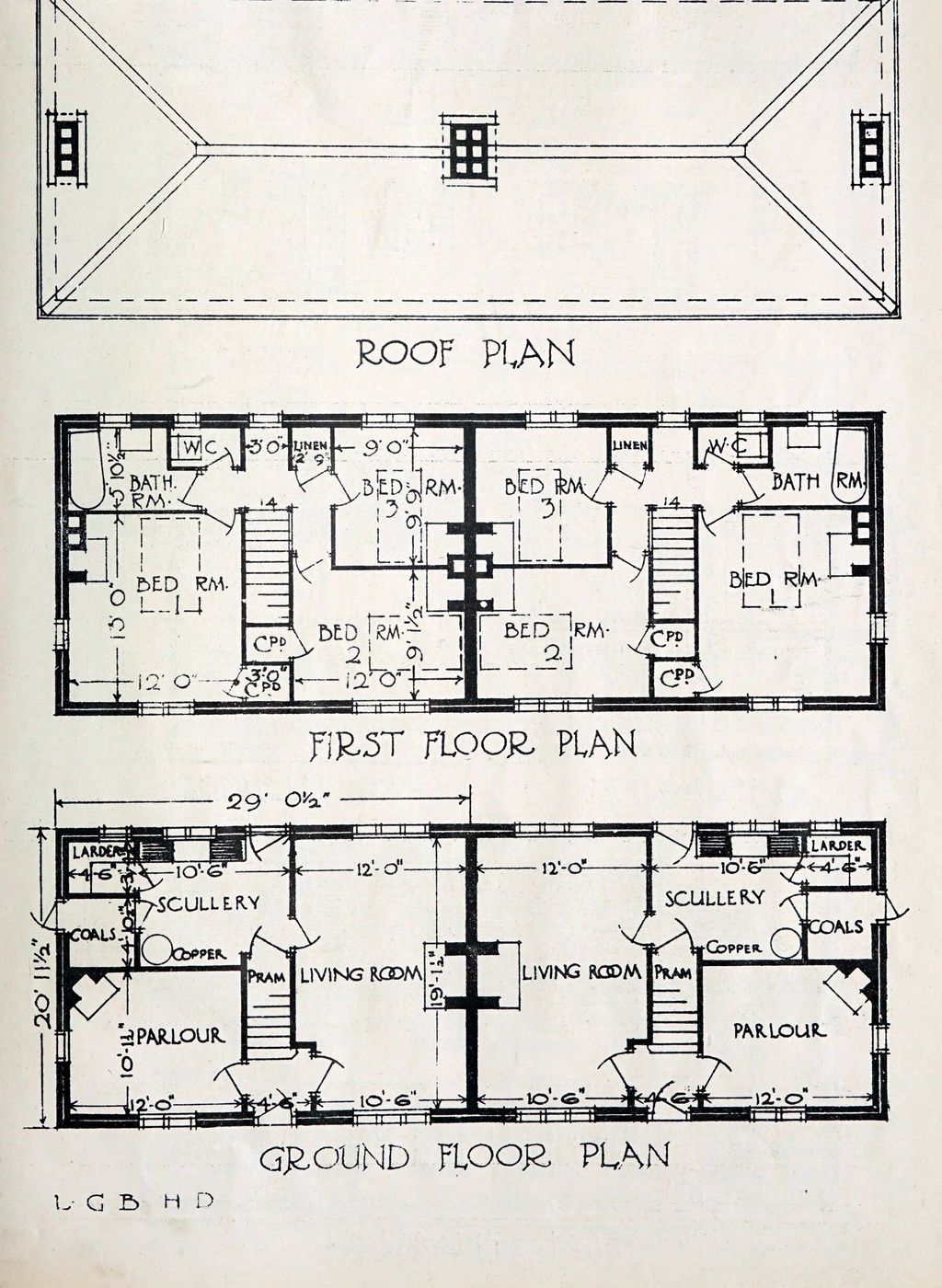 Printed type plan of a pair of parlour houses: roof plan, first-floor plan with bedrooms and bathroom, and ground-floor plan with parlour, living room and scullery, marked L.G.B. H.D.