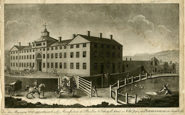 Aquatint of the long classical front of the Soho Manufactory with a pool and figures in the foreground.