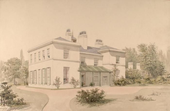 Watercolour of a pale two-storey country house among trees and lawns.