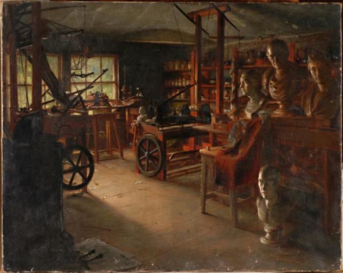 Painting of a cluttered attic workshop with a bench, tools, shelves and a small window.
