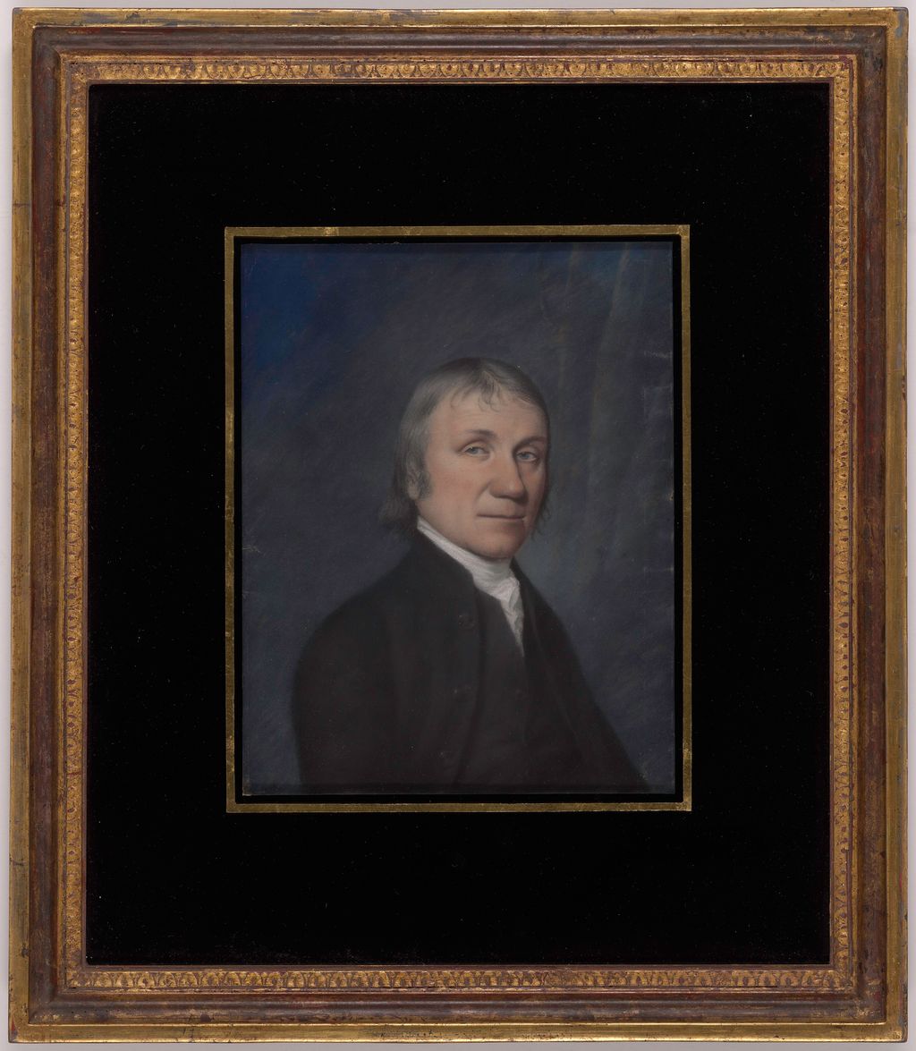Pastel portrait of Joseph Priestley in profile, with powdered grey hair and a dark coat.