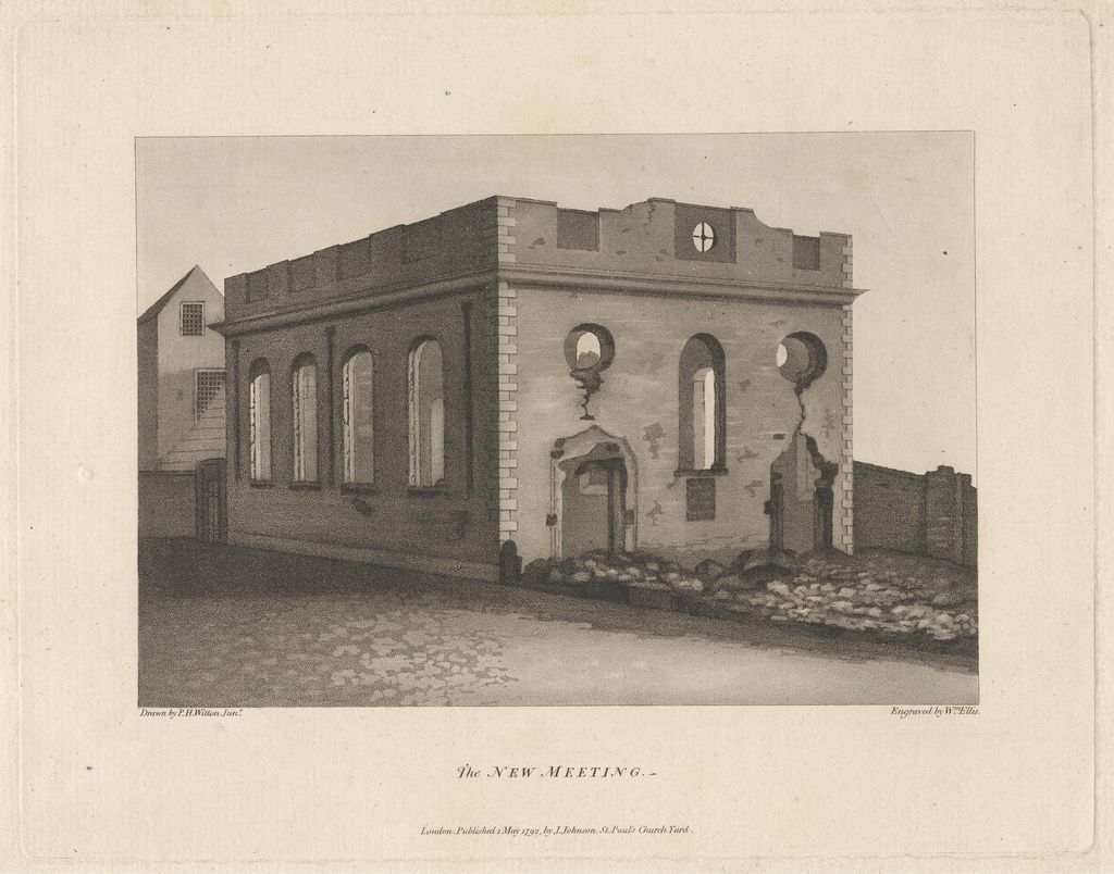 Engraving of the gutted shell of a classical chapel, its roof gone.