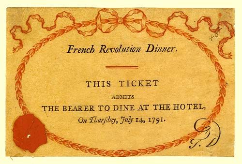 A small printed ticket for a dinner at the Royal Hotel, Birmingham, on 14 July 1791.
