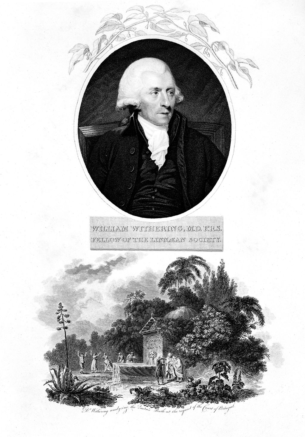 Engraved oval portrait of William Withering above a small scene of a man testing water at a spa.