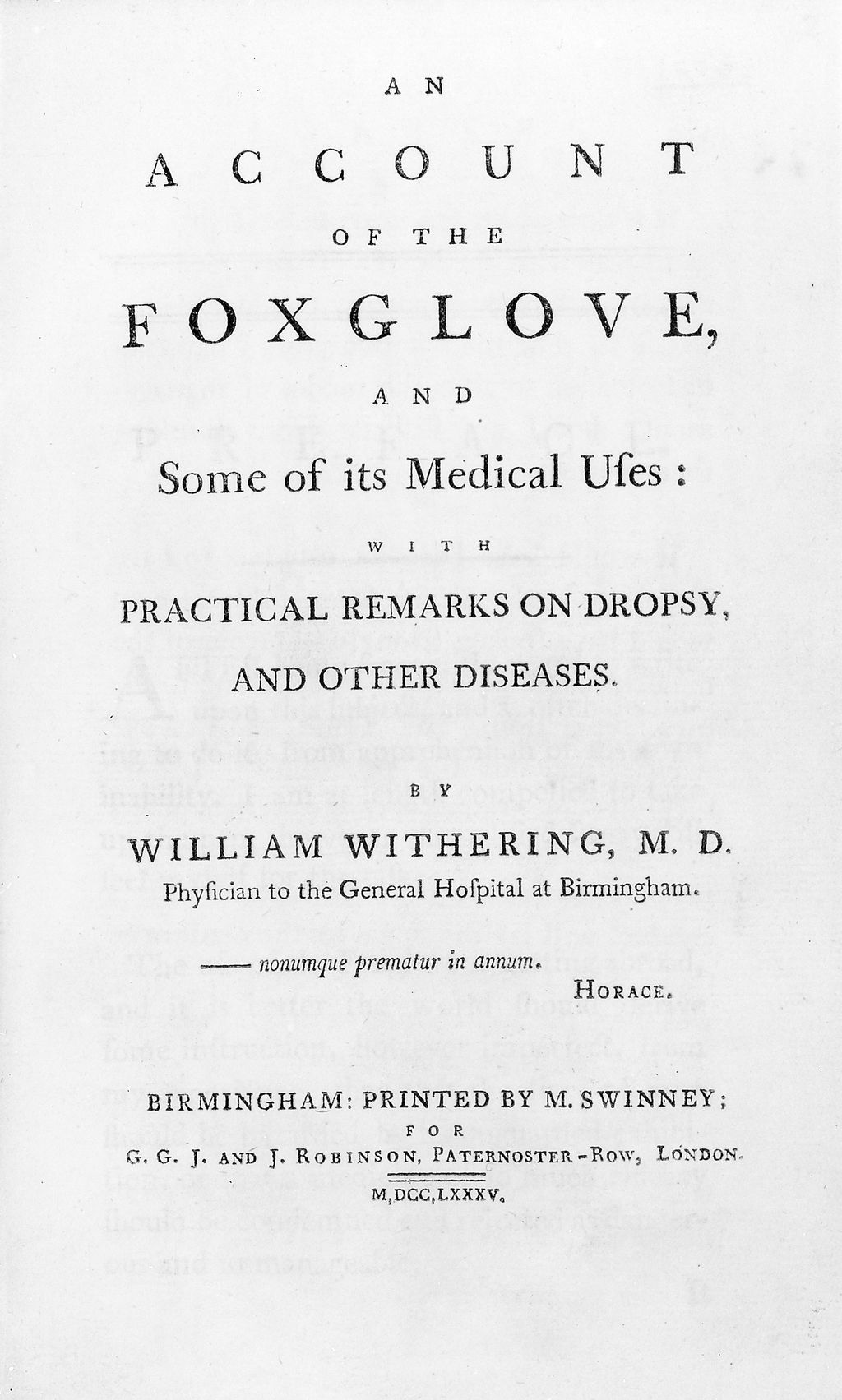 Printed title page of An Account of the Foxglove by William Withering, 1785.