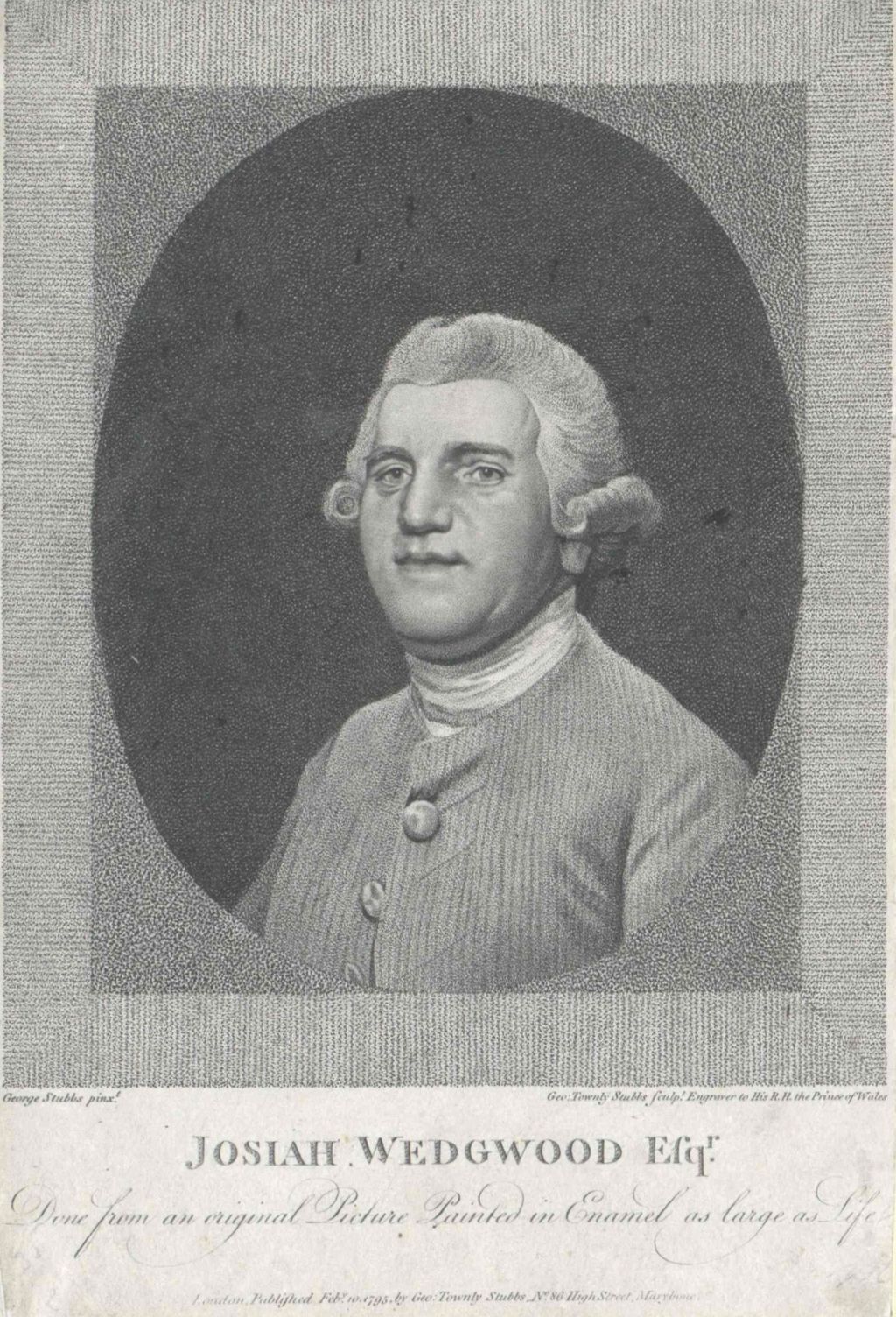 Engraved half-length portrait of Josiah Wedgwood in a wig and dark coat.