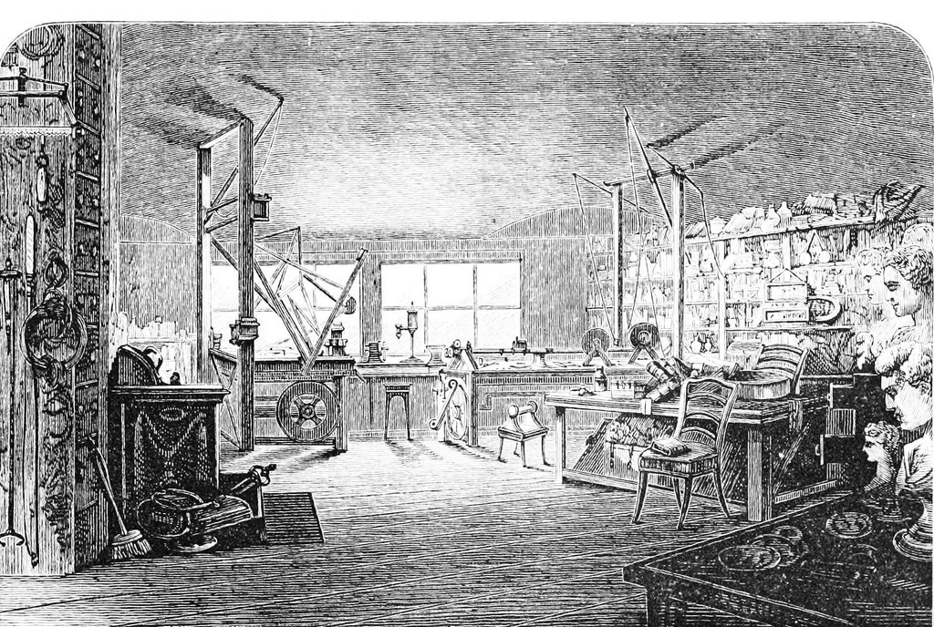 Engraving of James Watt’s workshop interior.