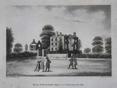 Print of the ruins of Joseph Priestley’s house at Fair Hill after the 1791 riots.