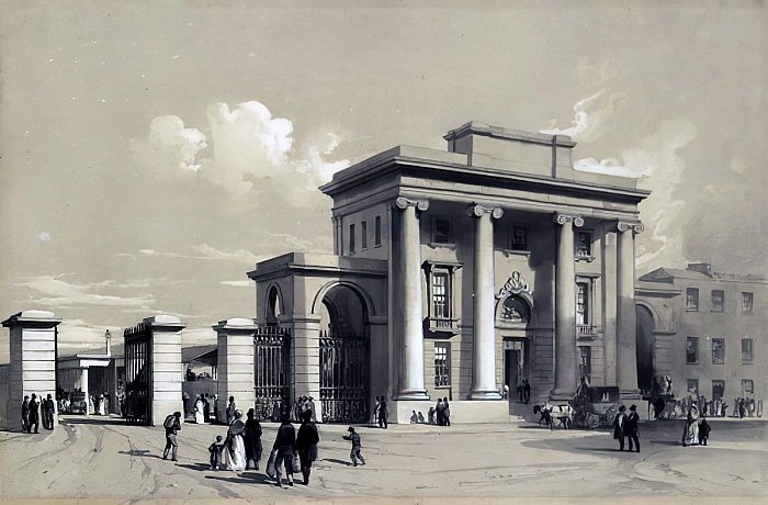 Drawing of the new Birmingham terminus of the London and Birmingham Railway, with its columned entrance building.