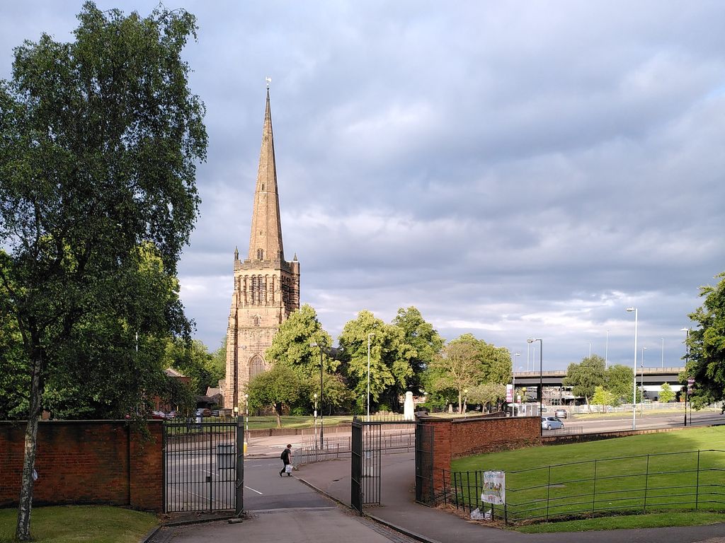 Aston parish church, with its 15th-century tower and spire.