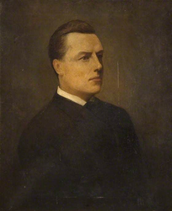 Painted portrait of a young, clean-shaven Joseph Chamberlain.