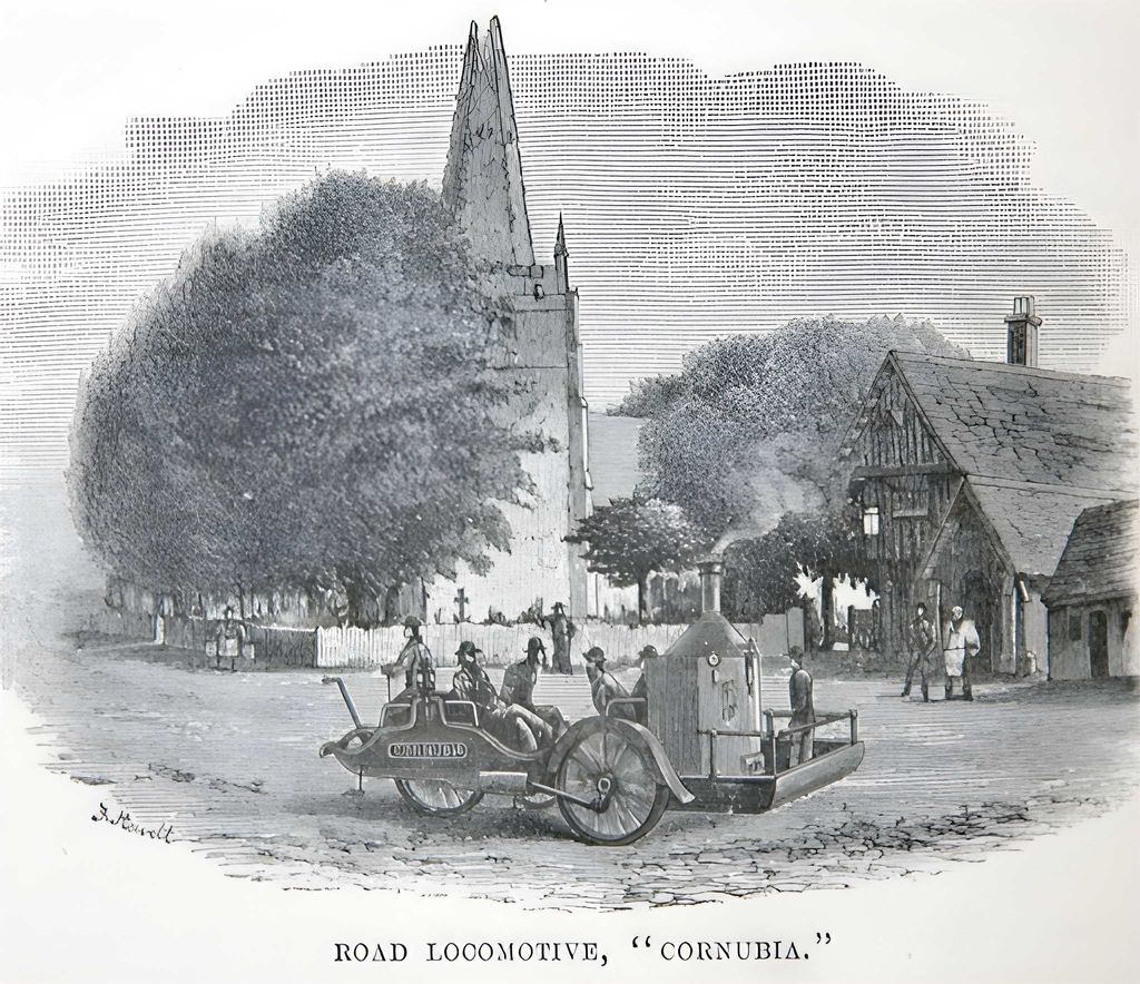 Engraving of an open steam road carriage with passenger seats and a vertical boiler at the back.
