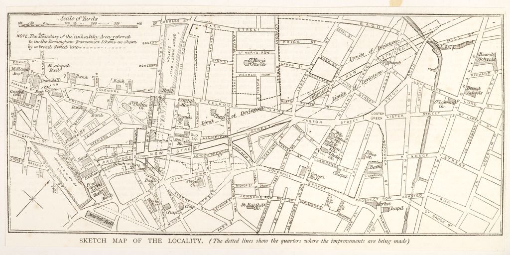 Old map of central Birmingham with the line of a planned new street marked across it.