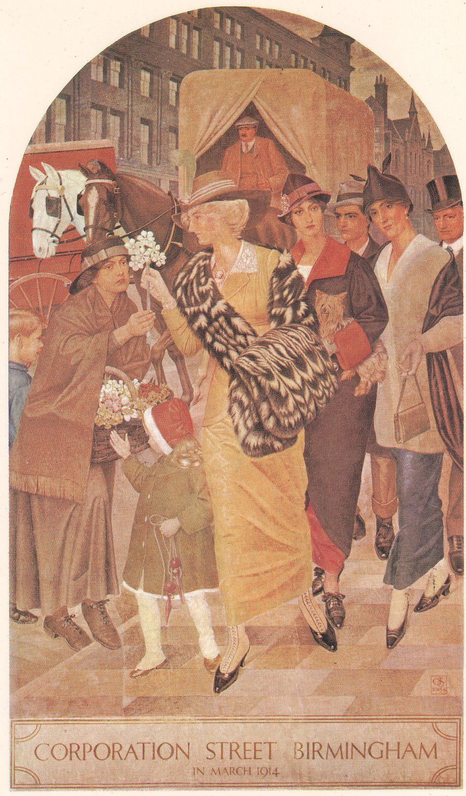 Painting of a wide Victorian street with crowds and tall red buildings.