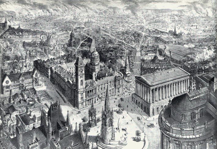 Detailed bird’s-eye drawing of a Victorian city centre with a domed civic building and a classical hall.