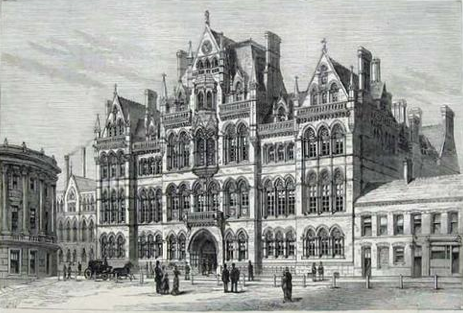 Victorian engraving of a large Gothic college building on a street.