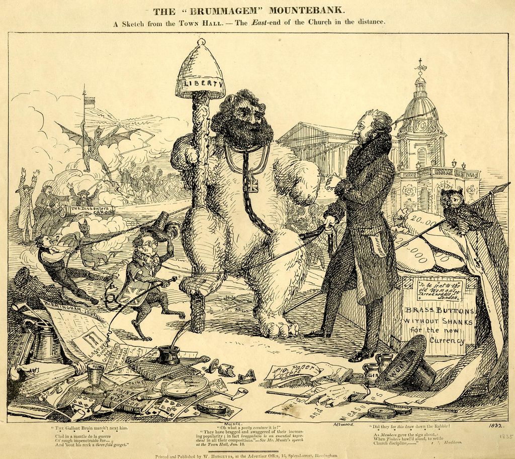 A lithograph cartoon of a showman leading a chained bear with a cap of liberty, while devils dance and an owl perches nearby.