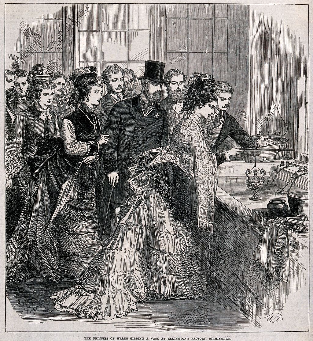 Engraving of a workshop at Elkington’s factory where a royal visitor watches a vase being gilded.