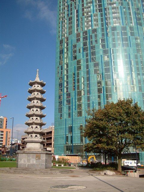 A large roundabout with a Chinese pagoda on its central island.