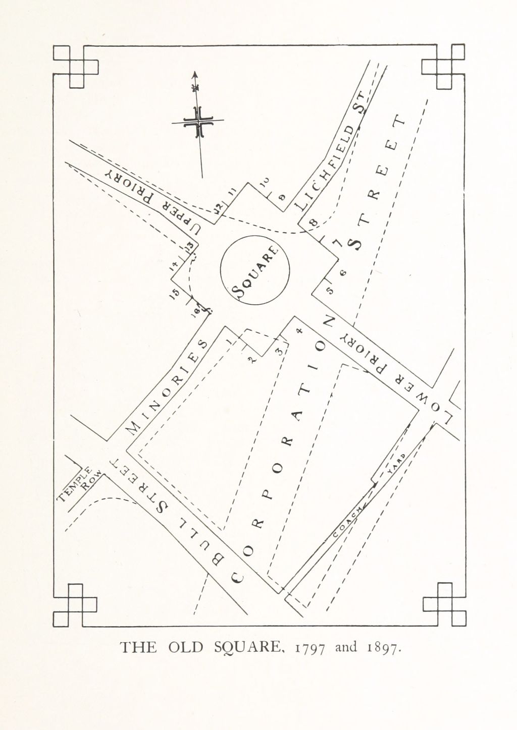 Street plan of Old Square with Upper Priory, Lichfield Street, Lower Priory, the Minories and Bull Street, overlaid with the line of Corporation Street.