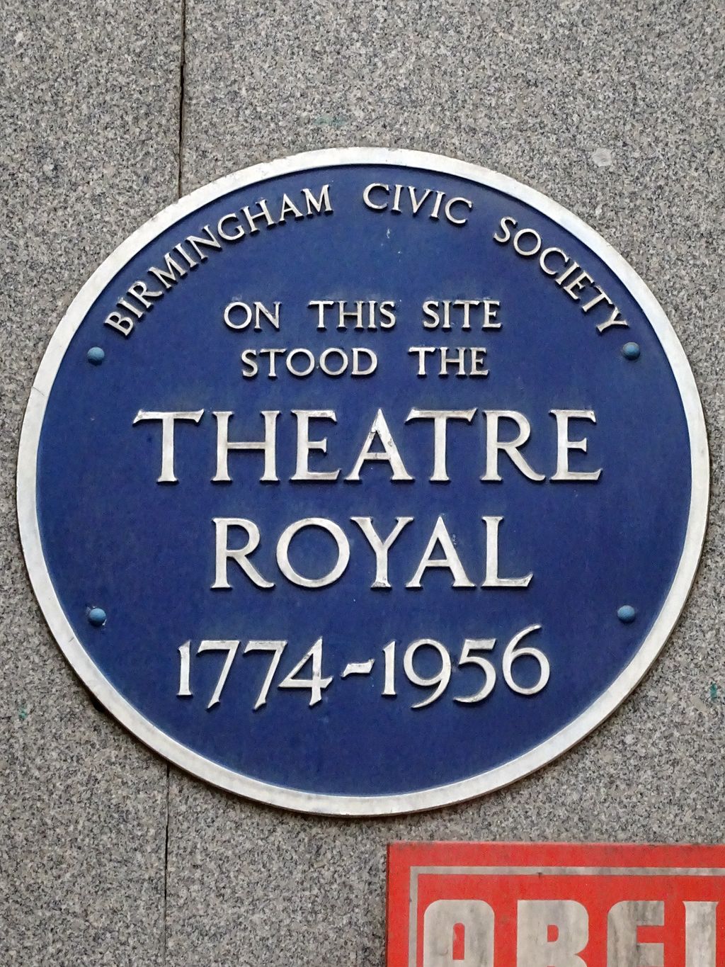Blue Birmingham Civic Society plaque reading On this site stood the Theatre Royal 1774–1956.