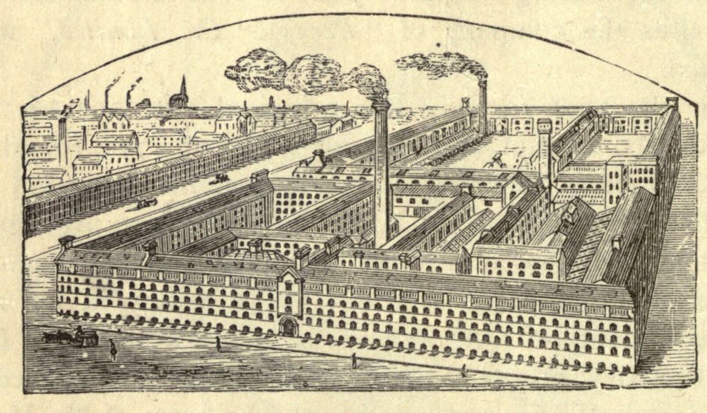 Bird’s-eye engraving of a large factory filling a city block, with long multi-storey ranges around courtyards, a tall chimney and smoke.