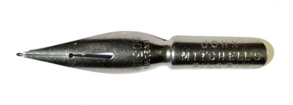 Close-up of a steel pen nib stamped John Mitchell’s 503 EF Pilgrim.