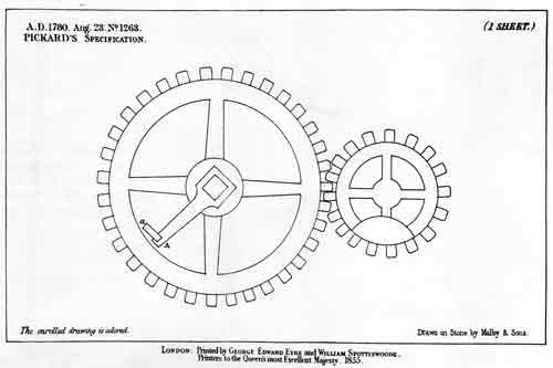 Line drawing of a large spoked gear wheel with a crank arm near its hub, meshing with a smaller spoked gear wheel to its right; headed ‘A.D. 1780 Aug. 23 No 1263 Pickard’s Specification’.