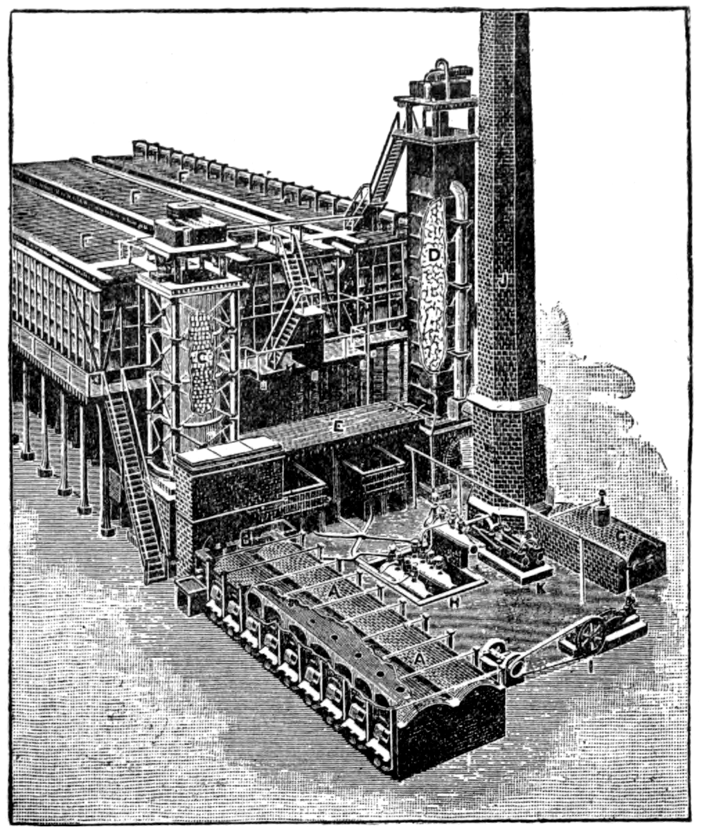 Diagram of a chemical works: furnaces and towers on the left, a row of large box-like lead chambers in the middle, and pipes and tanks linking them.