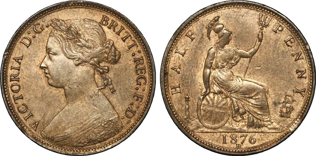 Both sides of a bronze halfpenny: Queen Victoria’s head, and Britannia seated with the date 1876 and a small letter H below it.
