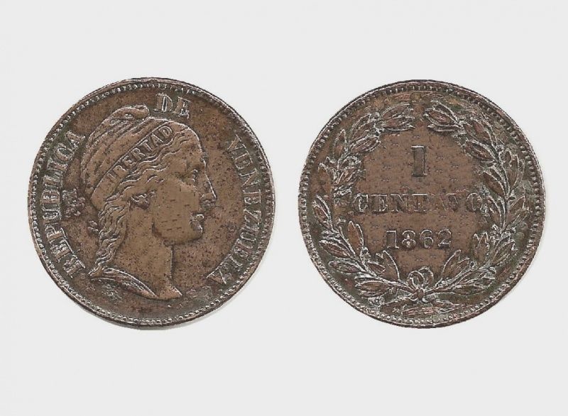 Both sides of a worn copper coin with a woman’s head and a wreath around the value.