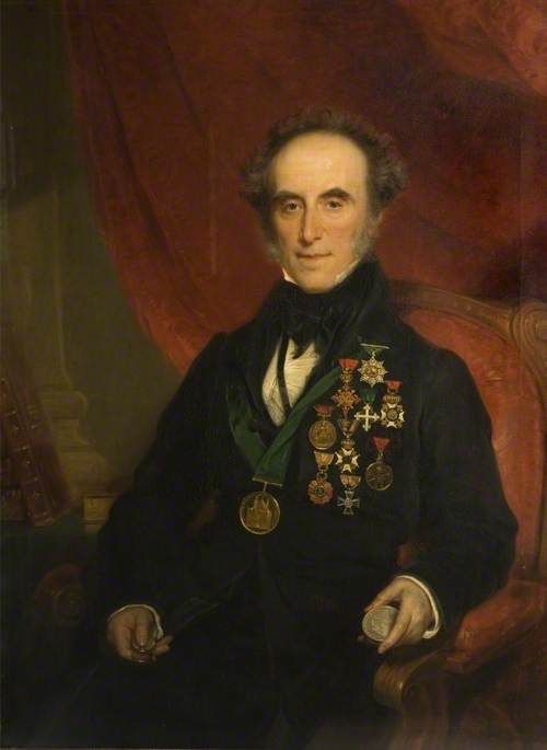 Oil portrait of a grey-haired man seated in a red chair, his black coat covered with medals and orders on ribbons.