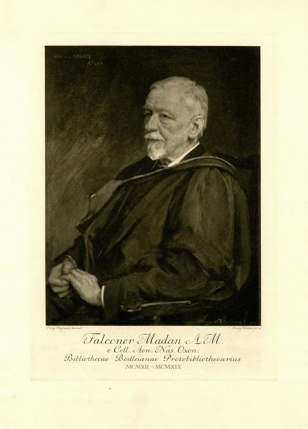 Lithograph of a heavily bearded man seated at a table with his arm resting on books.