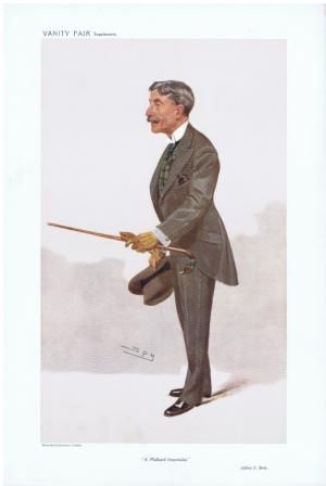 Colour caricature of a slim man with a moustache in a grey suit, holding a cane and a hat.