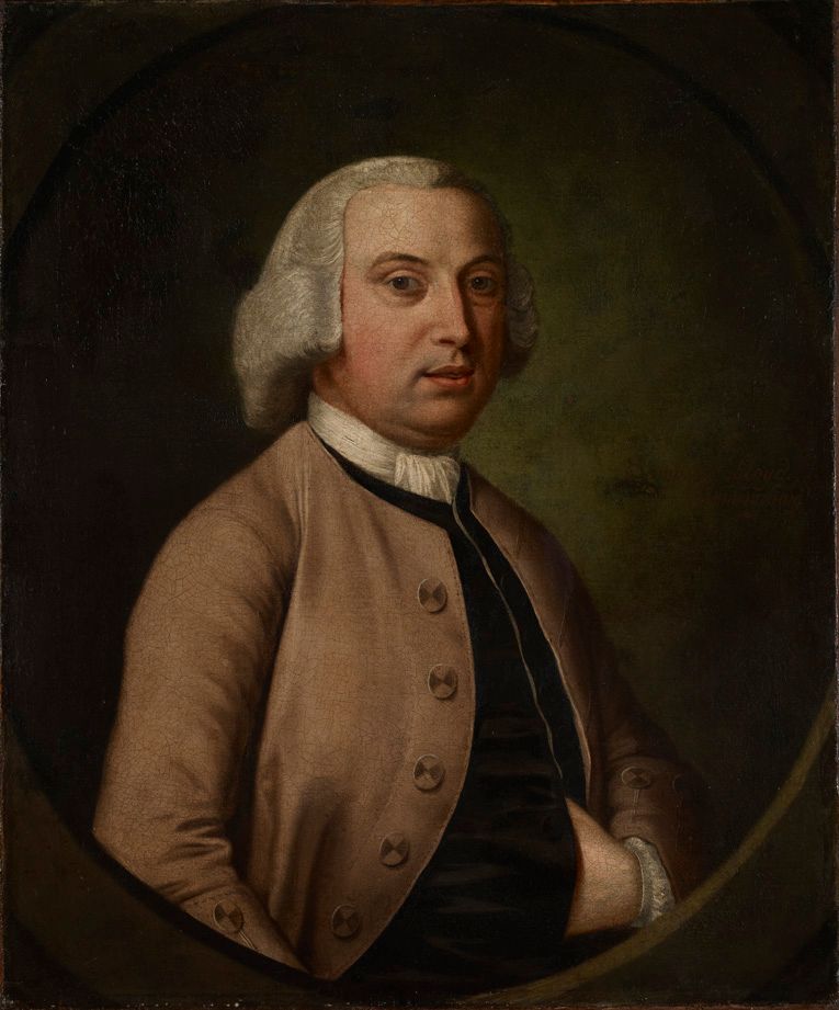 Oval oil portrait of a man in a grey wig and a plain light-brown coat.