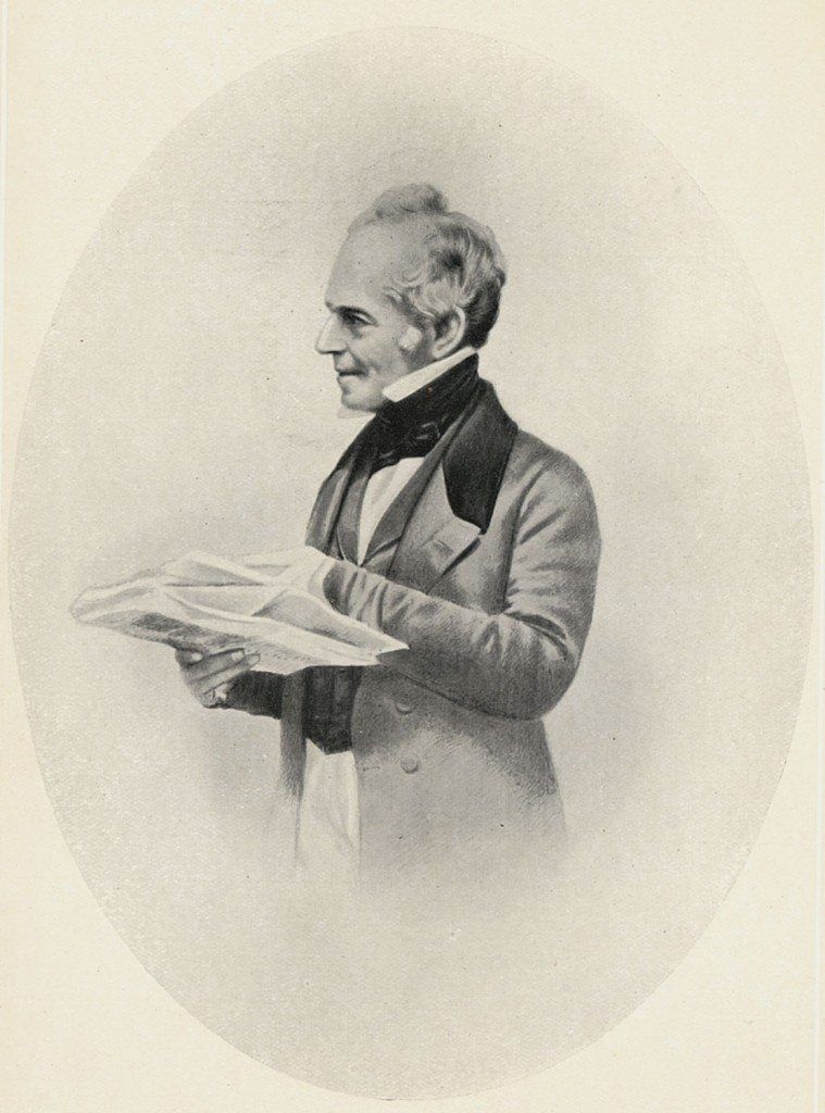 Oval portrait of an elderly grey-haired man in profile, in a frock coat, holding a sheet of paper.