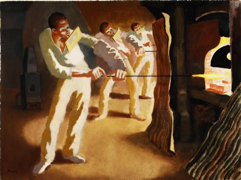 Drawing of three men in white overalls and masks pushing long poles through a hatch into a glowing furnace.