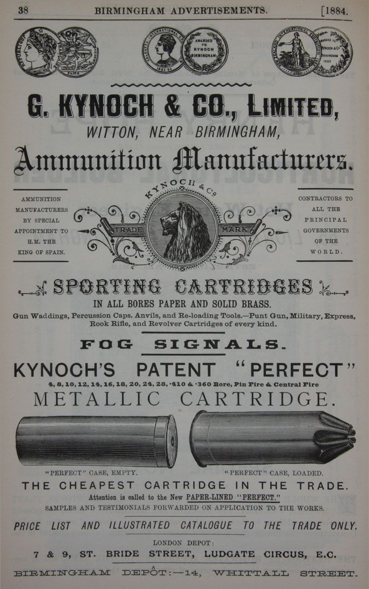 Directory advertisement headed ‘G. Kynoch & Co., Limited, Witton, near Birmingham, Ammunition Manufacturers’, with exhibition medals, a lion’s-head trade mark and drawings of two brass cartridges.