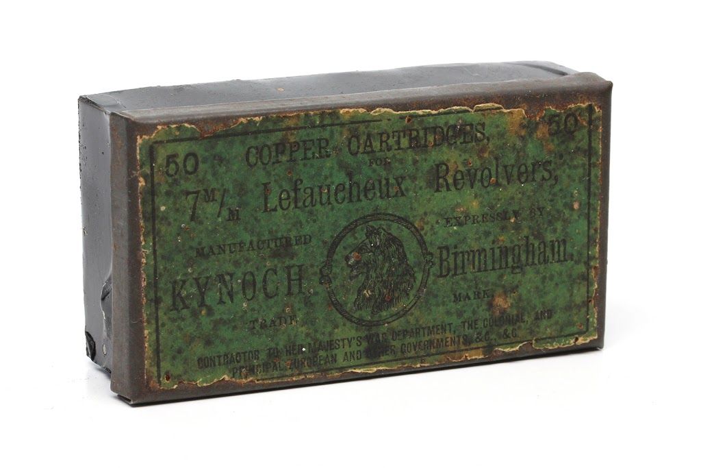 Small card box with a worn green label reading ‘Copper cartridges for 7m/m Lefaucheux revolvers’, Kynoch & Co., Birmingham, with a lion’s-head trade mark.