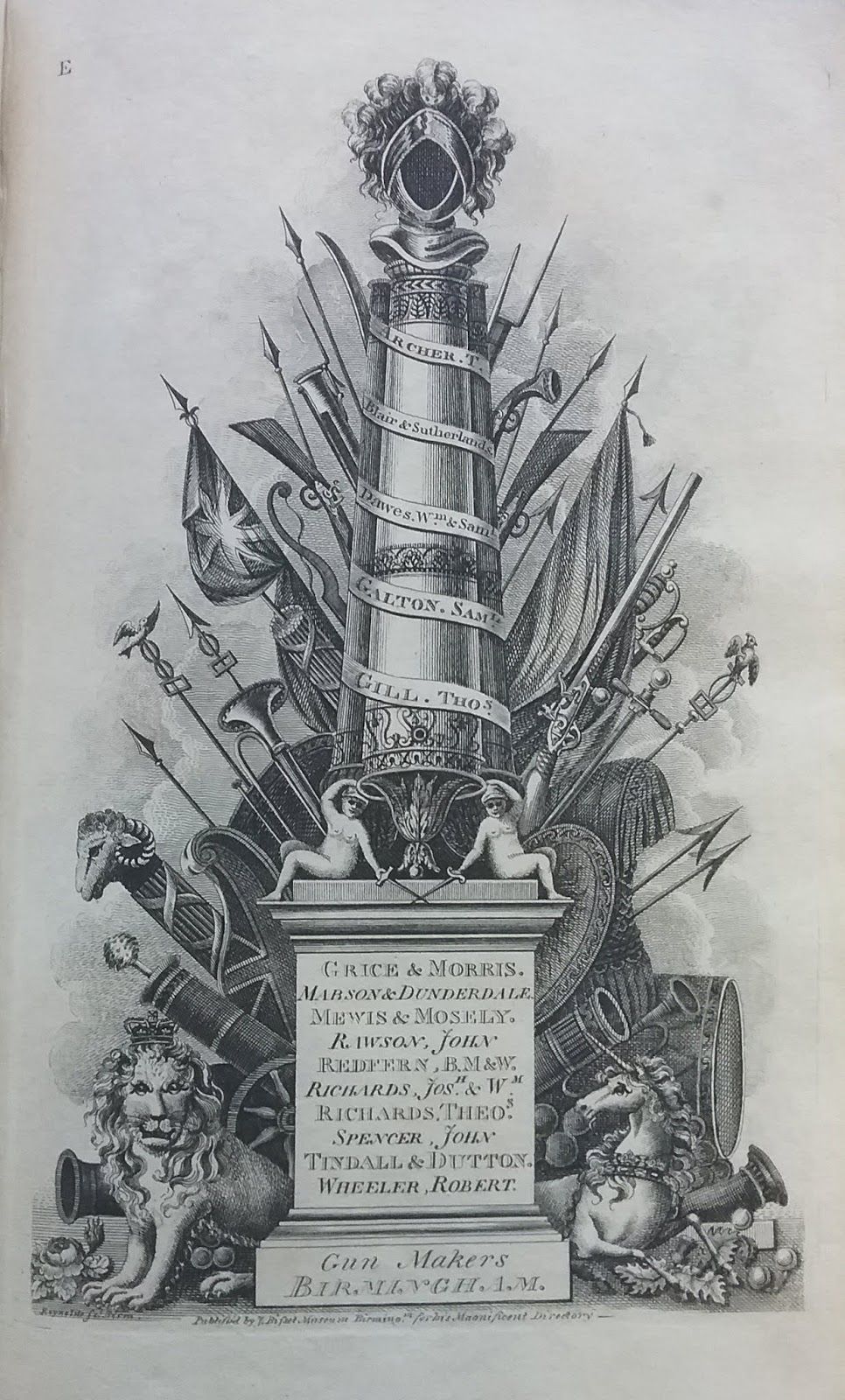 An engraved trophy of weapons, flags and armour around a column and pedestal inscribed with the names of Birmingham gun makers.