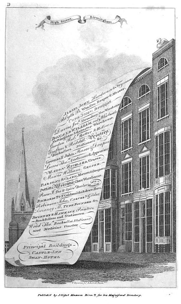 An engraving of tall Georgian shopfronts on High Street with St Martin’s spire behind, and a long paper scroll listing the street’s traders.