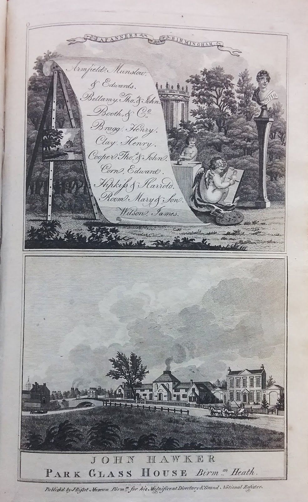 An engraving of a painter’s easel, cherubs and a classical bust beside a scroll listing Birmingham japanners; below, a view of a glassworks.