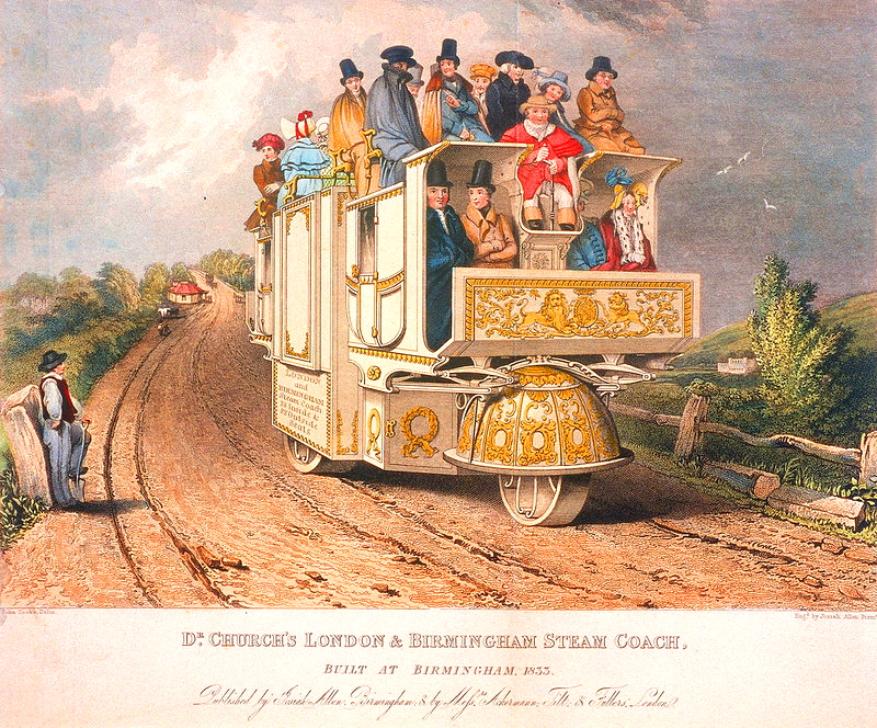 A coloured print of a large ornate steam coach with gilded panels and dome-shaped wheel covers, crowded with passengers in top hats and bonnets, on a country road.