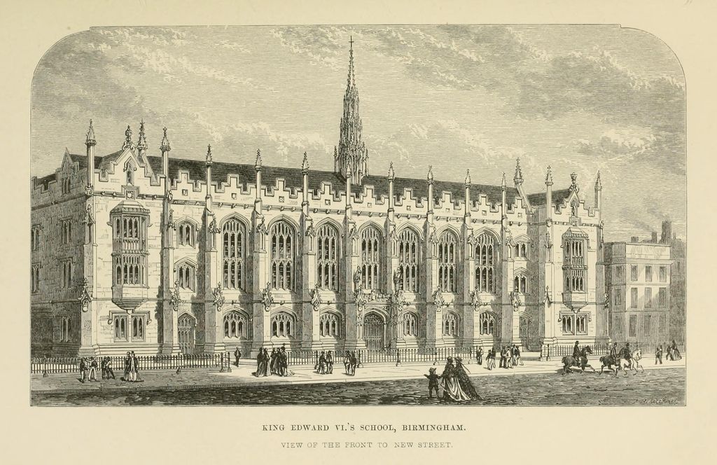 Engraving of a Gothic school front with traceried windows, pinnacles and a small spired lantern in the middle of the roof.