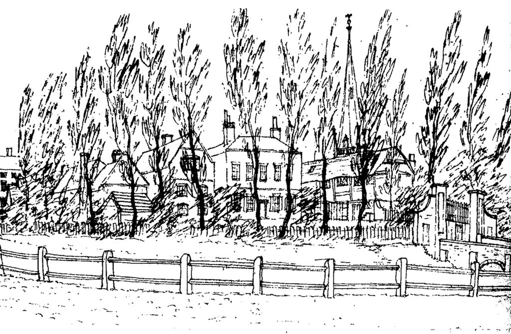 Line drawing of houses among tall poplars behind a fence and a grassy moat, with a church spire behind.